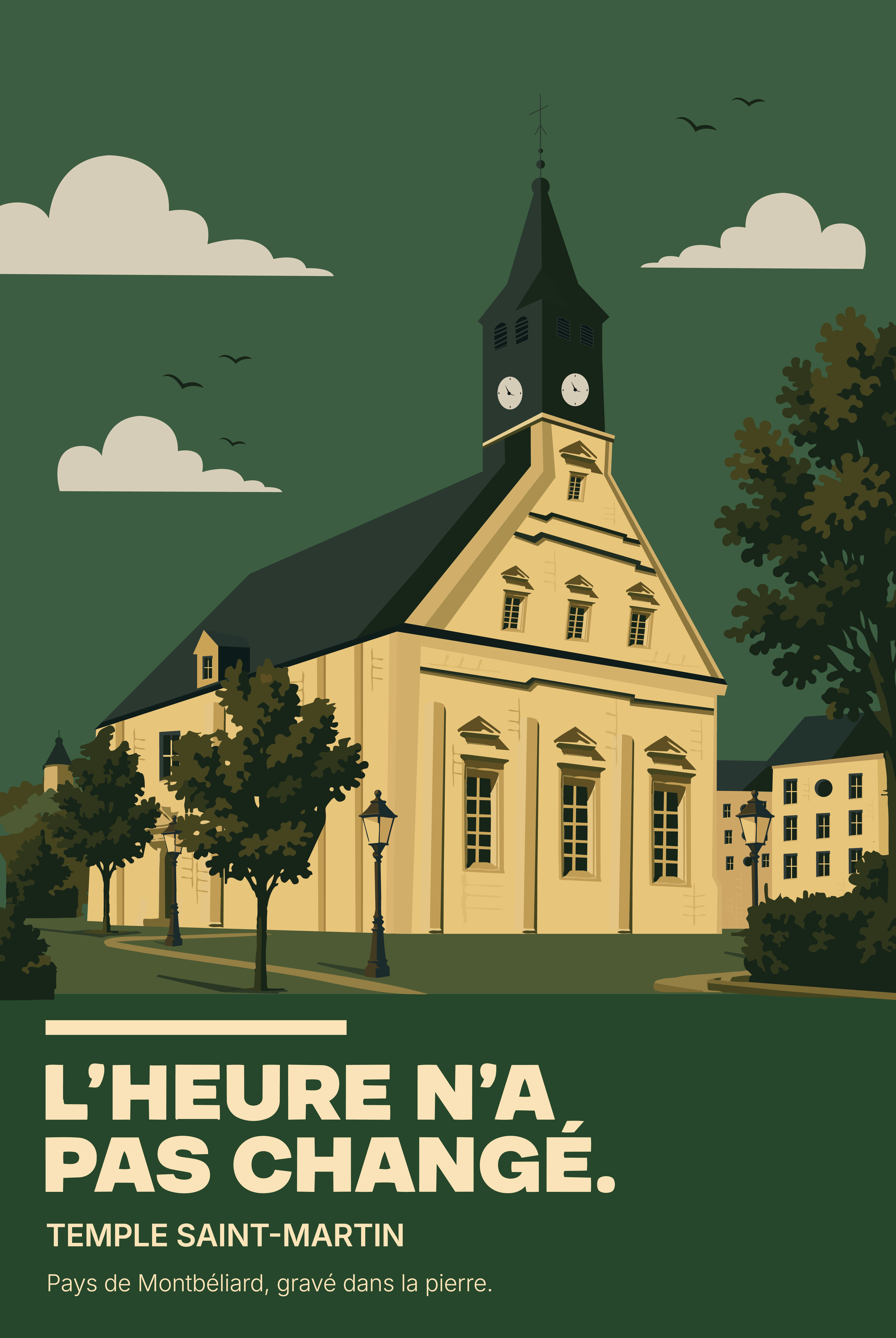 Affiche scolaire Temple Saint-Martin - L'heure n'a pas changé